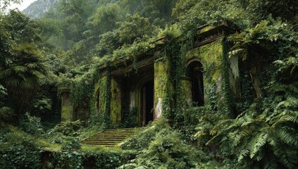 Ruined building overgrown with lush greenery
