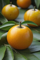 Vibrant yellow oranges resting on lush green leaves, perfect for food blogs, healthy lifestyle content, and fresh recipes