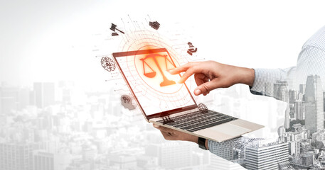 Futuristic digital law interface displaying justice scale, highlighting digital law, AI compliance,...