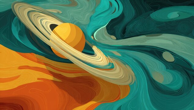 Ringed planet swirls cosmic nebula; abstract art - Powered by Adobe