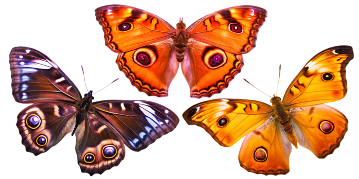 Three colorful butterflies with eye spots isolated on a transparent background butterfly
