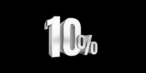 Silver Ten percent isolated on white. 10% income or 10% off on sale concept. 3d rendering