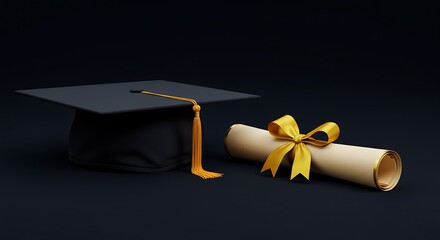 A black graduation cap with a gold tassel and a rolled diploma tied with a yellow ribbon on a dark background