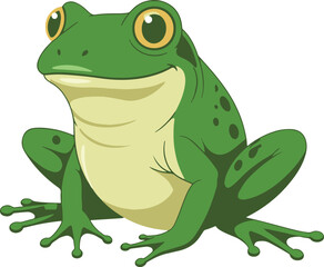 A charming illustration of a green frog, rendered in a pixel art style. The frog is depicted in a sitting position, showcasing its detailed features.
