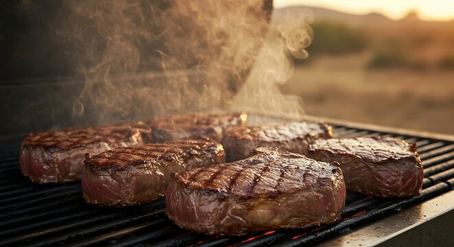 Juicy steaks sizzling on a hot grill with smoke rising, outdoor barbecue setting at dusk