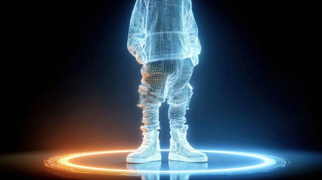Holographic streetwear model in hoodie on glowing platform, neon background, futuristic fashion