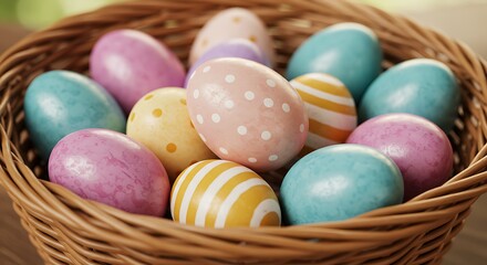 A closeup shot of a woven basket filled with vibrantly colored easter eggs, showcasing various patterns and pastel hues