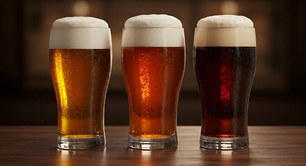 Three glasses of beer with frothy heads, showcasing different shades of amber and dark brown