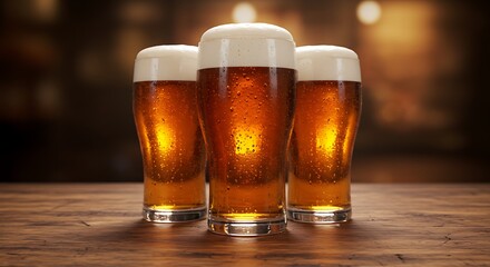 Three glasses of golden beer with frothy heads on a wooden table, illuminated by warm light, creating a cozy pub atmosphere