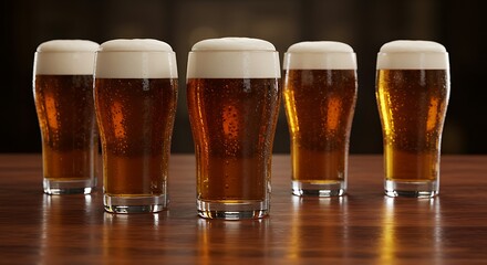 A group of five glasses filled with golden beer, showcasing their frothy heads and condensation, set against a softly blurred background