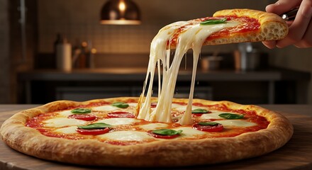 A delicious slice of pizza is being pulled from a whole pizza, with melted cheese stretching in long strands