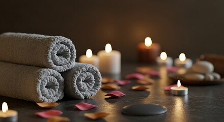 Rolled spa towels are neatly stacked with lit candles and scattered rose petals, creating a serene atmosphere