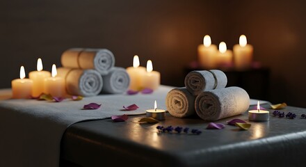 Relaxing spa ambiance with rolled towels, lit candles, and scattered rose petals on a massage table