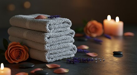 Closeup of neatly folded gray spa towels, accented with orange roses, lavender, and smooth stones