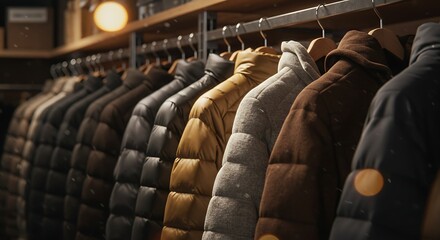 A diverse collection of puffer jackets hanging on a rack, showcasing various colors and textures for a stylish winter wardrobe