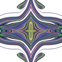 Diamond-shaped abstract symmetry with green, purple, and pink tones, resembling a radiant star-like mandala. Golden keywords: abstract, diamond, symmetry, mandala, star.