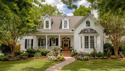 White house with porch and landscaping.  Spacious, charming home with manicured front yard, lush greenery, and colorful flowers.  Classic architecture and inviting curb appeal