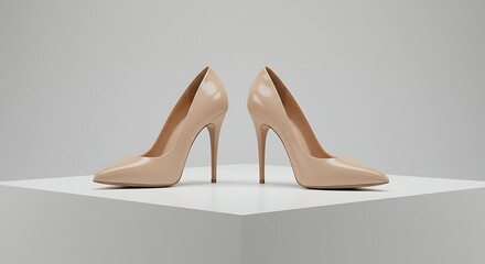 A pair of elegant nude patent leather high heel shoes isolated on white background