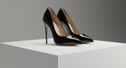 A pair of elegant black patent leather stiletto high heel shoes on a white pedestal