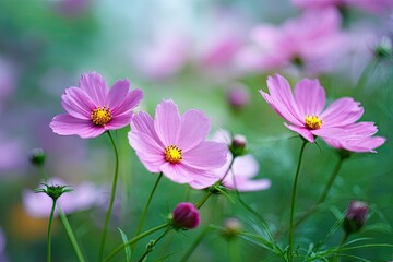 Pink cosmos flowers bloom in garden, blurred background