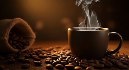 Dark cup of coffee with rising steam, nestled amongst roasted coffee beans and a burlap sack