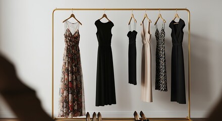 A stylish assortment of womens evening dresses and heels displayed on a gold rack, showcasing various colors and patterns