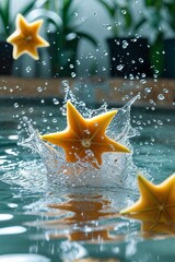 Dynamic splash of star fruit in water, showcasing refreshing summer vibes and tropical fruit beauty, perfect for lifestyle or food concepts.