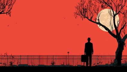 Naklejka premium Man, suitcase, park, sunset, moon, silhouette, fence, travel, mystery, poster