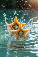Vibrant starfruit splashing into water creating a refreshing and tropical visual, perfect for food concepts and design