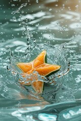 Dynamic star fruit slice splashing into water creating a refreshing burst of flavor, perfect for culinary and health concepts