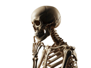 Human skeleton model in a thoughtful pose with its hand resting near its chin isolated on a transparent background for medical concepts.