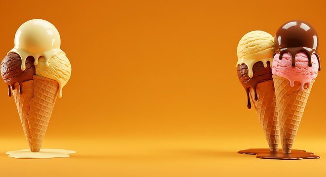 Two distinct groupings of ice cream cones, one with three scoops and another with two, melting slightly on an orange backdrop