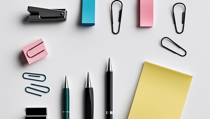 Minimalist office supplies composition on white background, perfect for business, marketing, and creative projects with pens, paper, and clips