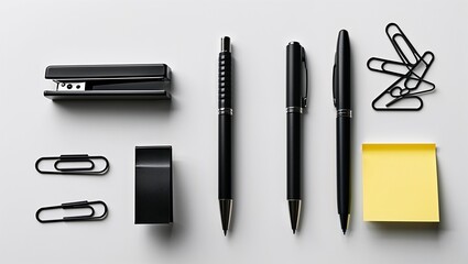 Elegant black office supplies and stationery set arranged on a clean white surface, ideal for modern business and design projects