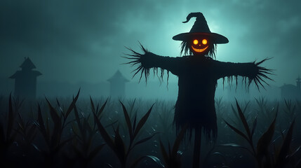 Fototapeta premium Animated style scarecrow in a haunted cornfield misty night Halloween vibe