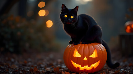 Black cat with glowing eyes sitting on a jack o’ lantern Halloween night