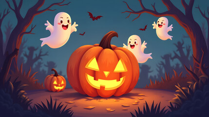 Cartoon ghosts floating around a jack o&rsquo; lantern playful Halloween scene