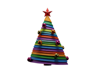 Colorful christmas tree with ornaments and a star isolated on transparent background