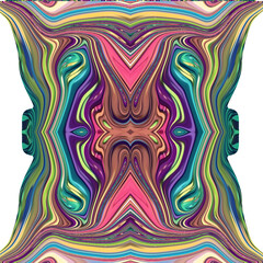 Vivid symmetrical abstract design with neon pink, teal, and purple swirls, creating a kaleidoscope-like digital art effect for modern decoration.