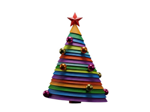 Colorful christmas tree with ornaments and a star isolated on transparent background