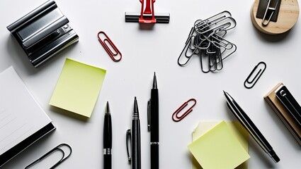 Elegant office supplies arranged on a pristine white surface, perfect for business, writing, and creative projects
