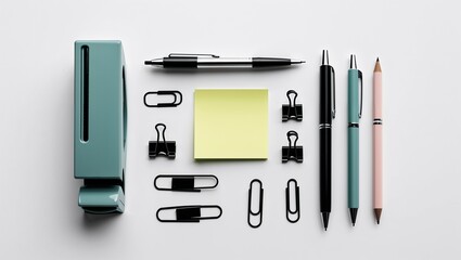 Modern office supplies arranged on white background, perfect for business presentations and creative projects