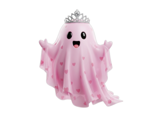 Cute pink ghost princess with crown isolated on transparent background for halloween