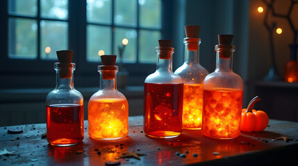 Halloween potion bottles glowing on a wooden table mystical atmosphere