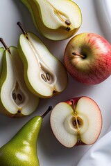Freshly sliced pears and apples, a vibrant display of healthy food, perfect for recipes, food blogs, and culinary projects