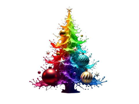 Colorful christmas tree isolated on transparent background with baubles and stars
