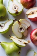 Fresh pears and apples, sliced and ready to eat, perfect for healthy eating, food photography, and culinary projects
