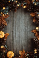 Autumn border frame with pumpkins pinecones leaves and fairy lights on rustic wooden board