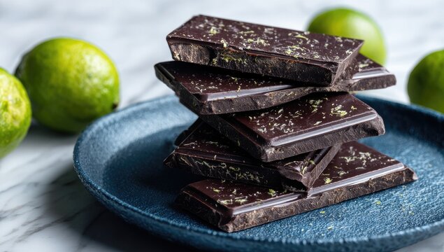 Dark Chocolate Lime Bars on Plate, Marble Background