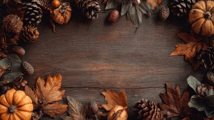 Autumn leaves pumpkins and pine cones frame a rustic wooden table centerpiece